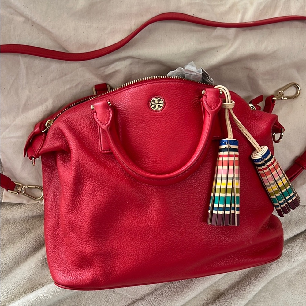 Red Leather Handbag with Multicolor Tassels